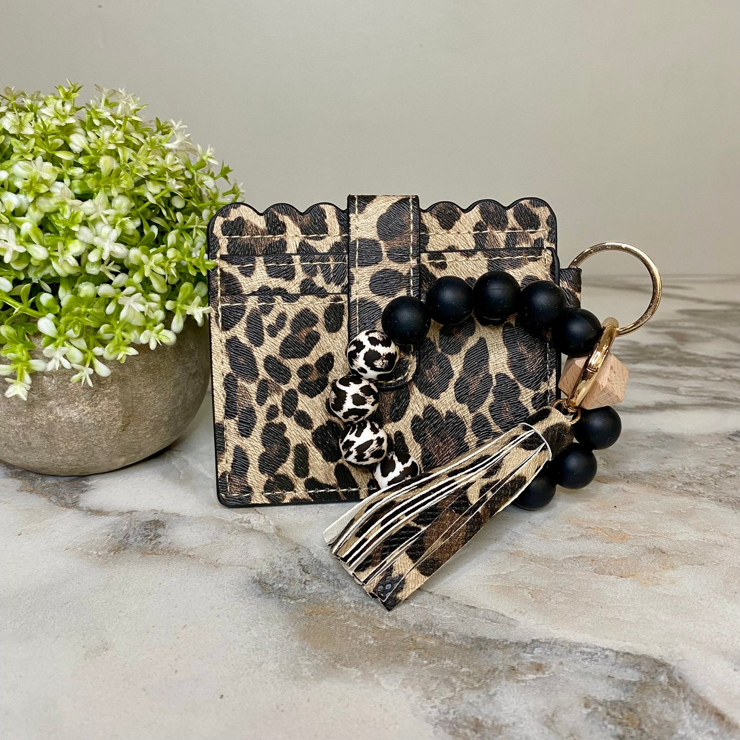 Silicone Bracelet Keychain with Scalloped Card Holder - Canvas Animal Print