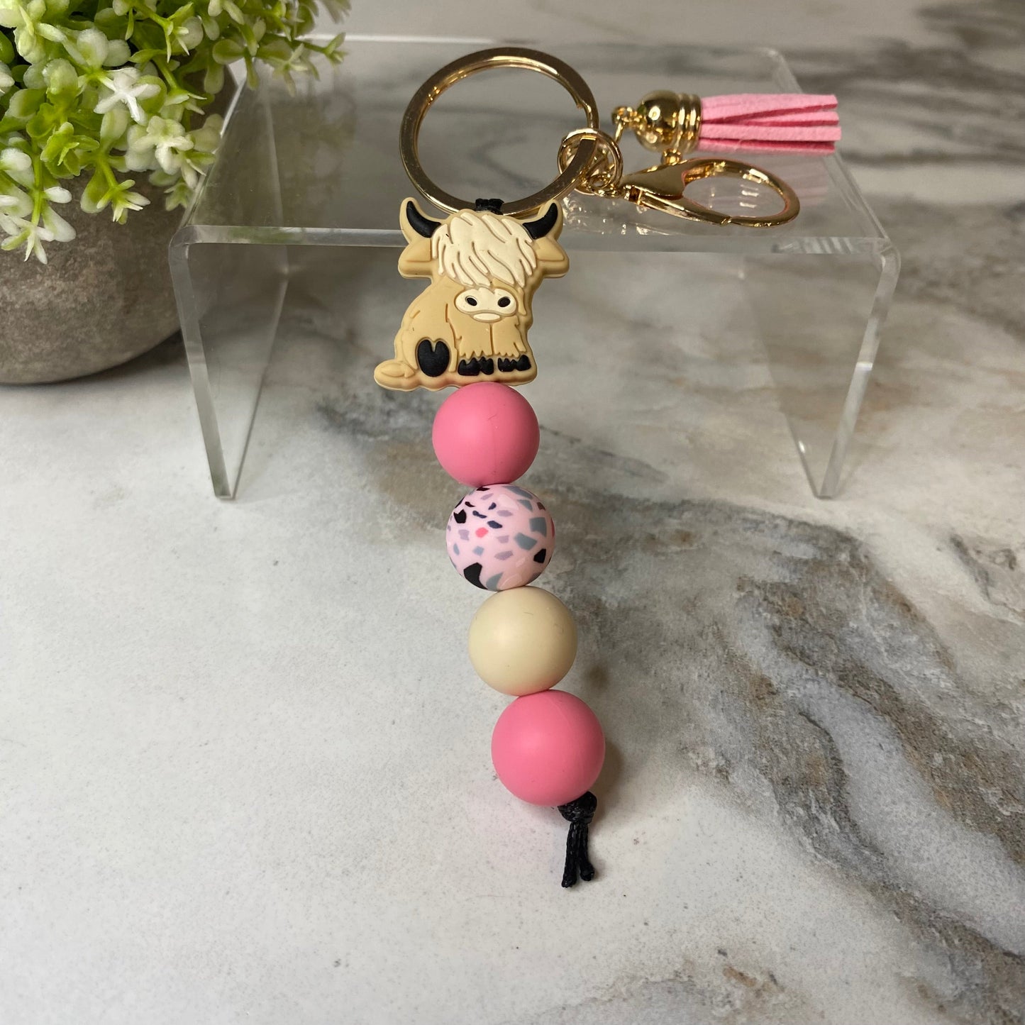 Keychain - Silicone Bead - Highland Cow - Pink