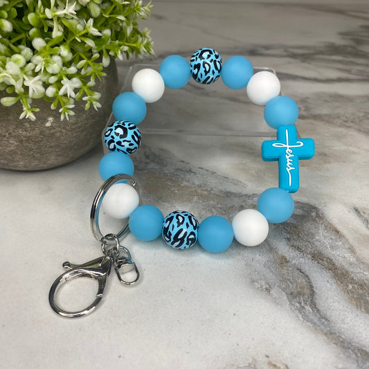Silicone & Wood Bracelet Keychain - Religious, Jesus, Light Blue